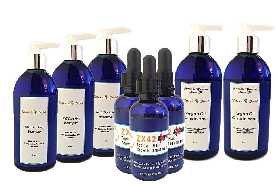 shampoo, conditioner, hair growth treatment for bald spots and hair thinning.