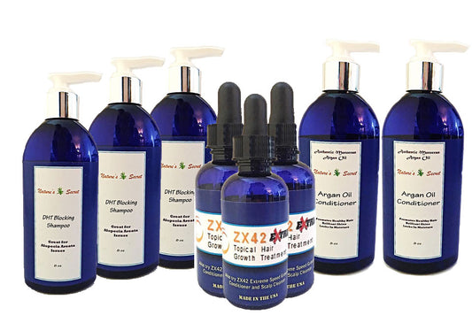 shampoo, conditioner, hair growth treatment for bald spots and hair thinning.